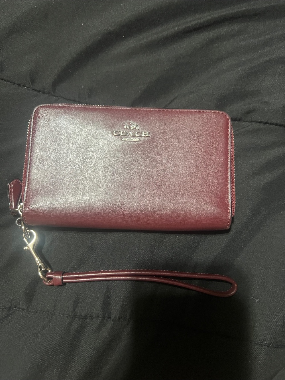Coach Maroon Zip-Around Wristlet with Wrist Strap